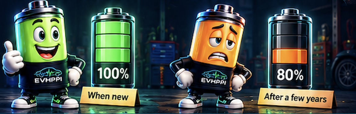 Happy green battery at 100% when new beside a tired orange battery at 80% after a few years