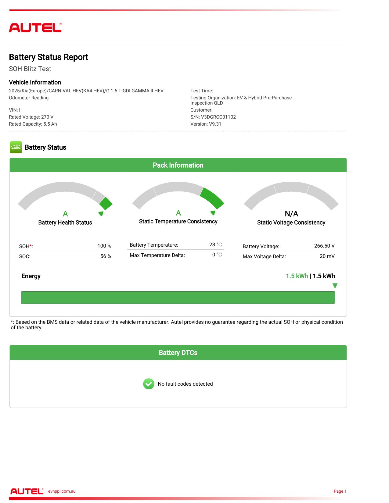 Battery health report sample page showing battery status, State of Health and pack information