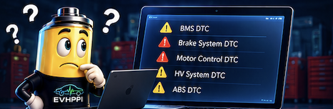 Puzzled yellow battery looking at a screen of diagnostic fault codes