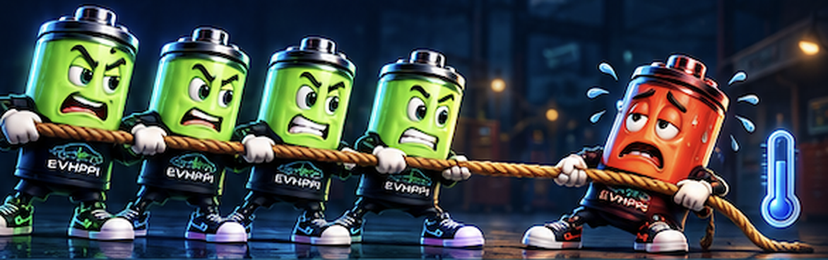 Green battery characters in a tug-of-war with one struggling red battery