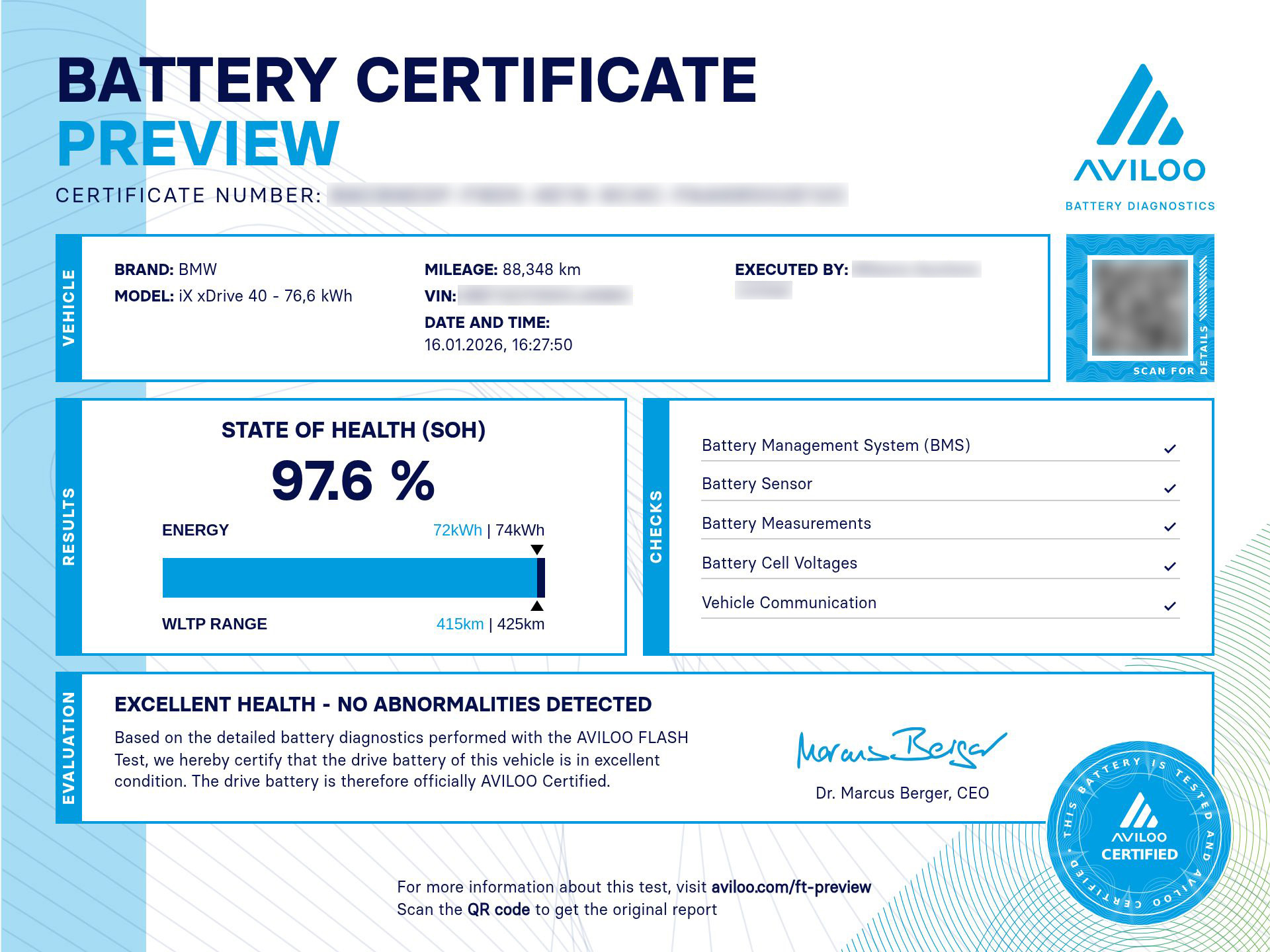 AVILOO FLASH battery certificate preview showing State of Health, battery checks and evaluation