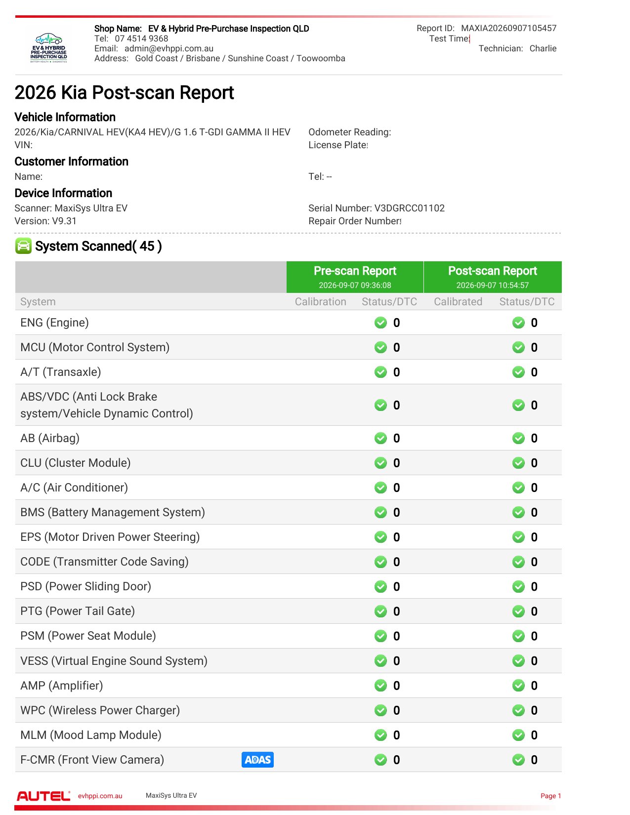 Diagnostic report sample page showing the vehicle system scan with no fault codes recorded